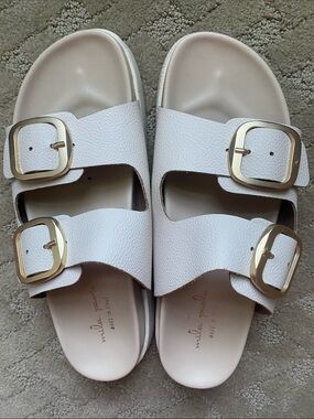 Nicole Miller Cream Double-Buckle Slide Sandals
